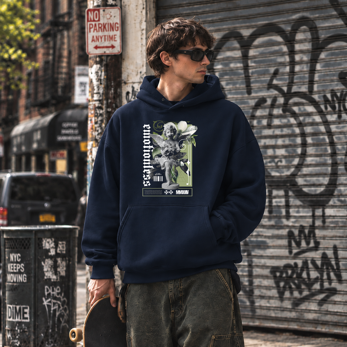 Emotionless Floral Bust Hoodie – Religious Imagery Collage Graphic Hoodie - Color: navy