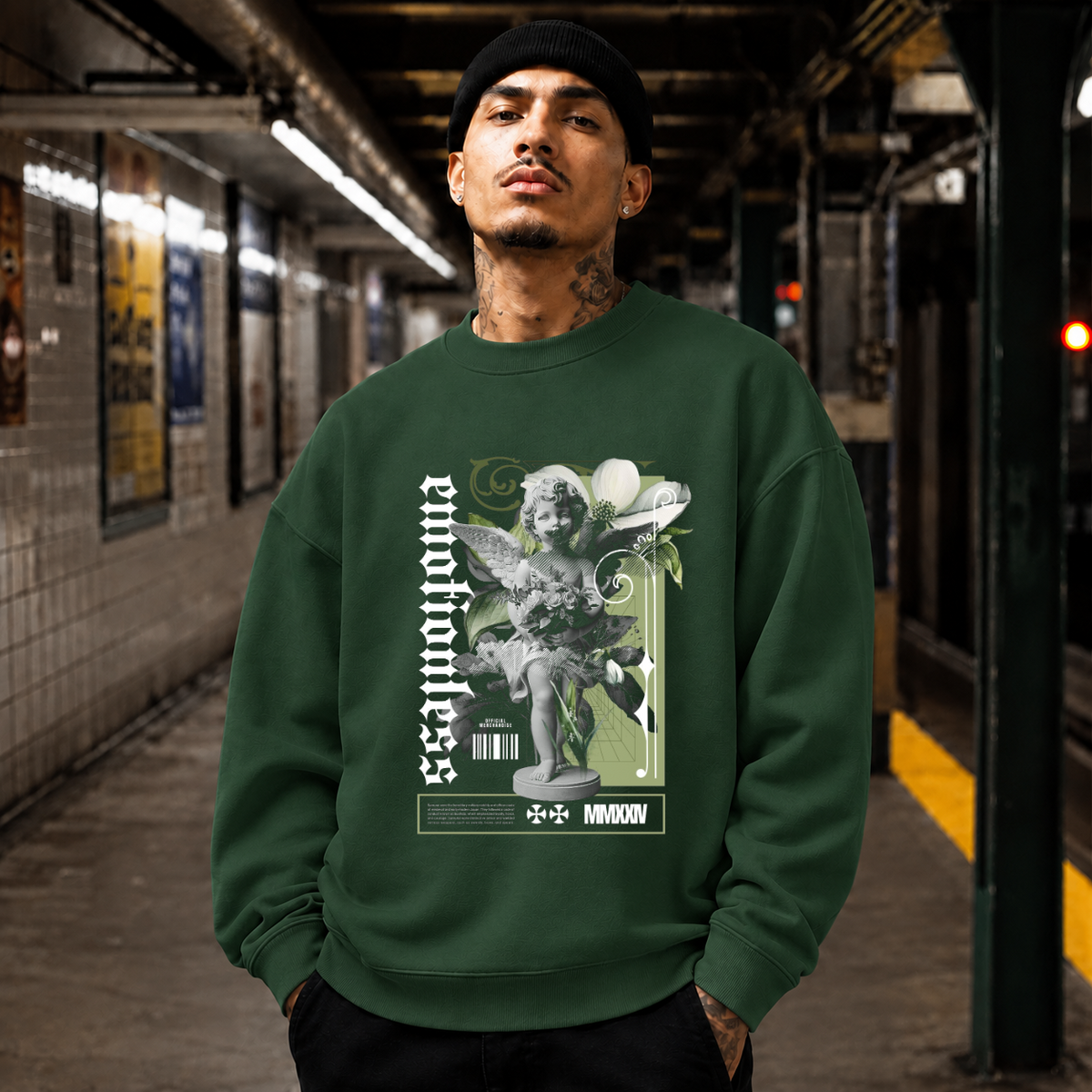 Emotionless Floral Bust Sweatshirt – Religious Imagery Collage Graphic Sweatshirt - Color: forest green