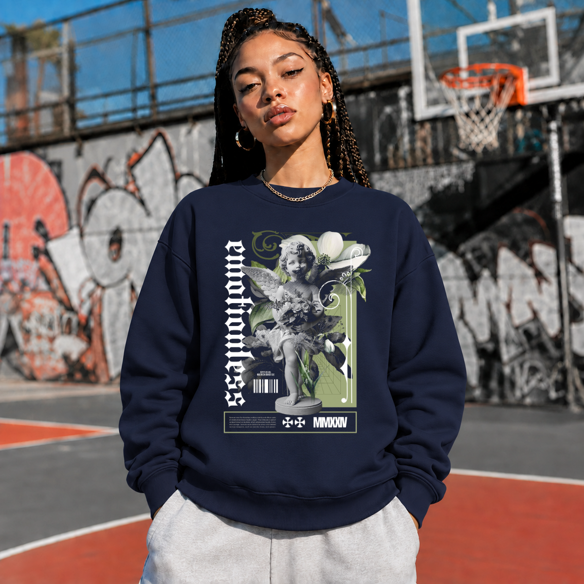 Emotionless Floral Bust Sweatshirt – Religious Imagery Collage Graphic Sweatshirt - Color: navy