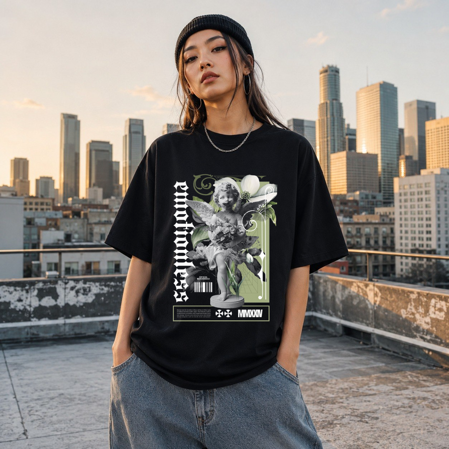 Emotionless Floral Bust T-Shirt – Religious Imagery Collage Graphic Tee - Color: Black