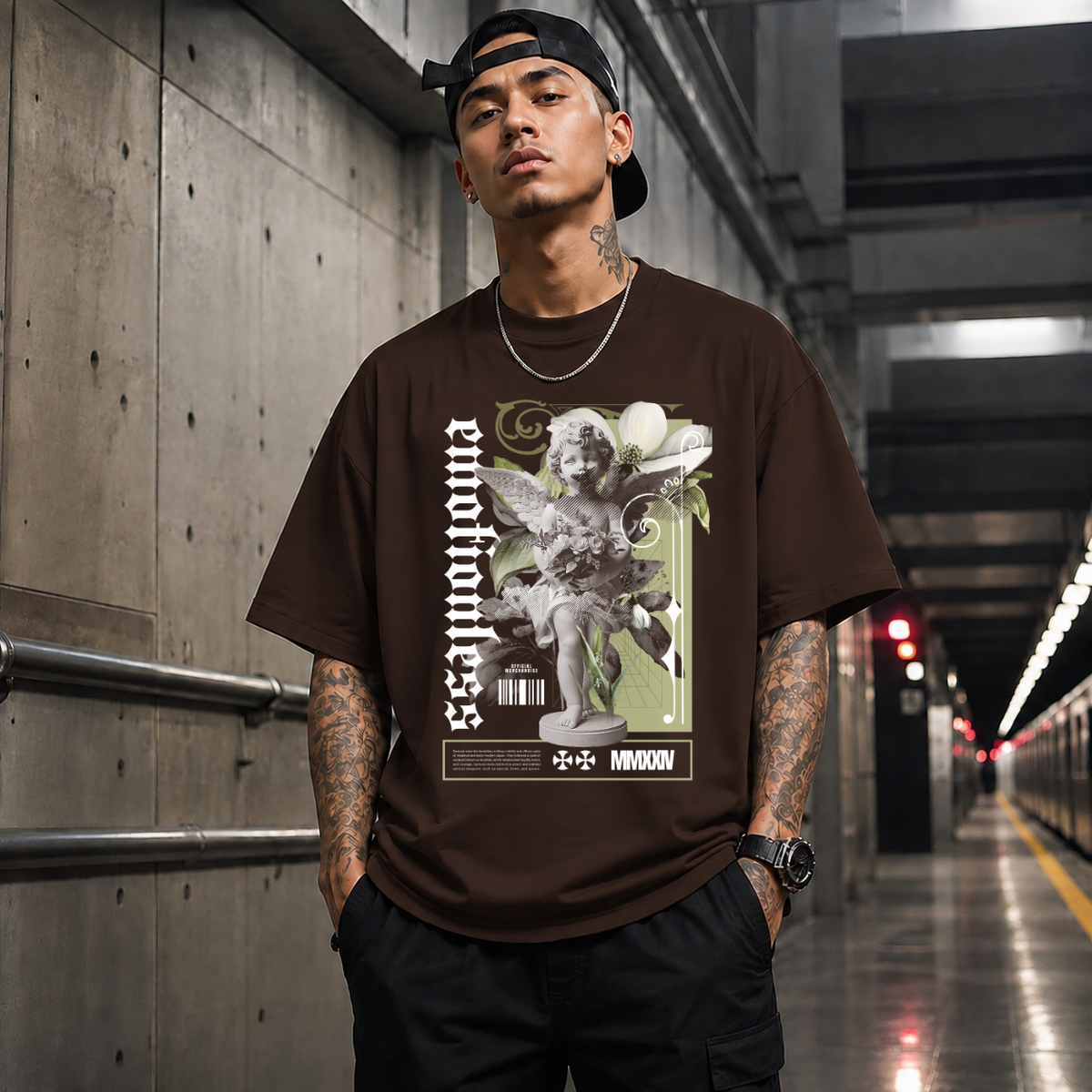 Emotionless Floral Bust T-Shirt – Religious Imagery Collage Graphic Tee - Color: Dark Chocolate