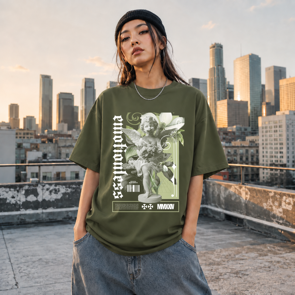 Emotionless Floral Bust T-Shirt – Religious Imagery Collage Graphic Tee - Color: Millitary Green