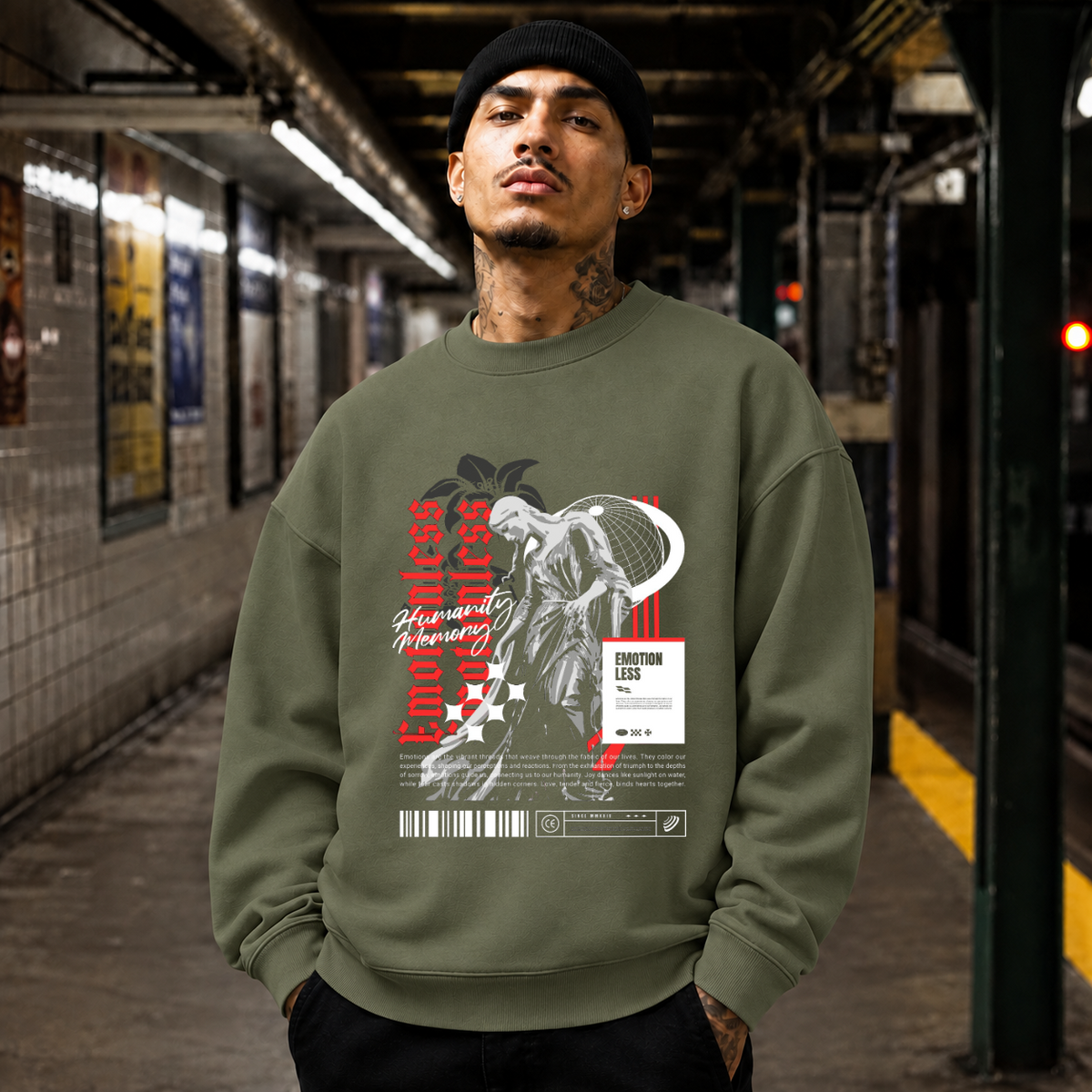 Emotionless Memory Statue Sweatshirt – Religious Imagery Collage Graphic Sweatshirt - Color: military green
