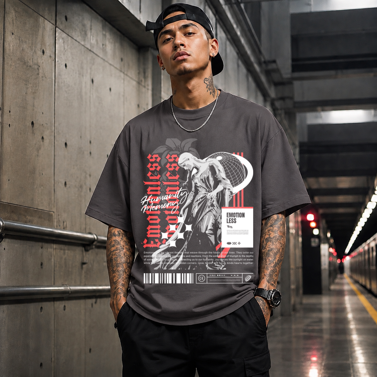 Emotionless Memory Statue T-Shirt – Religious Imagery Collage Graphic Tee - Color: Charcoal