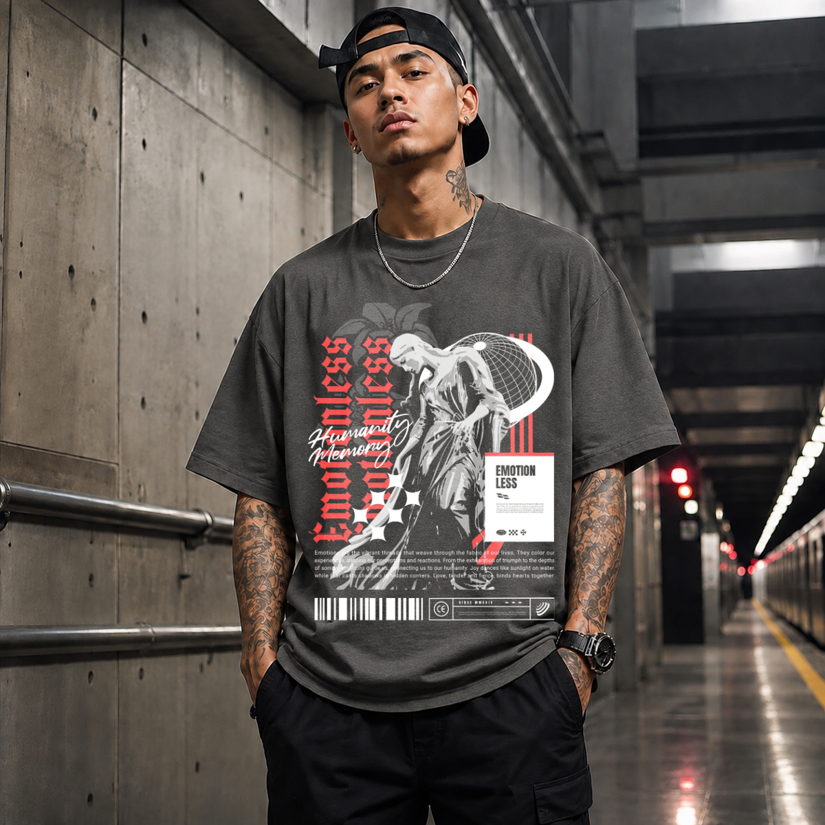 Emotionless Memory Statue T-Shirt – Religious Imagery Collage Graphic Tee - Color: Dark Heather