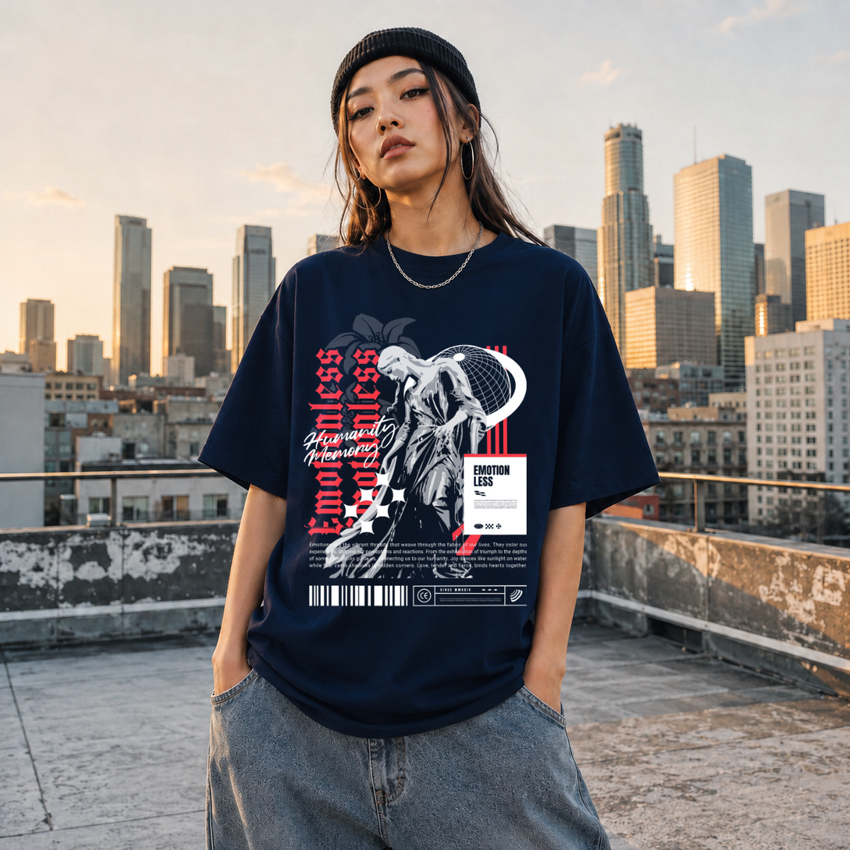 Emotionless Memory Statue T-Shirt – Religious Imagery Collage Graphic Tee - Color: Navy