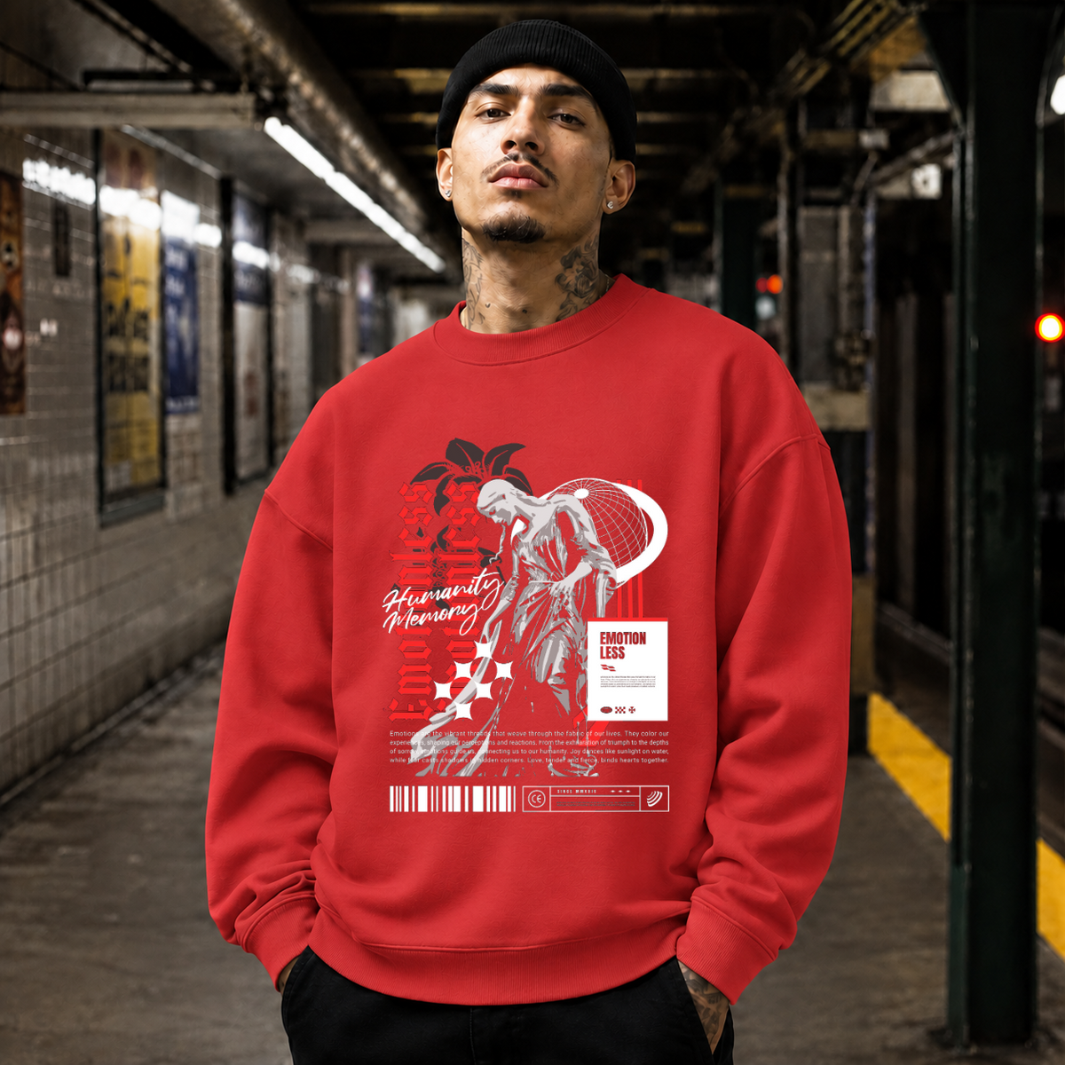 Emotionless Memory Statue T-Shirt – Religious Imagery Collage Graphic Tee - Color: red