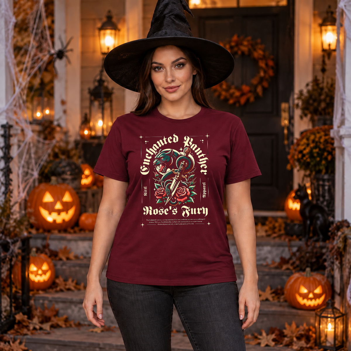 Enchanted Panther T-Shirt – Dark Editorial Graphic Design Graphic Tee - Color: maroon