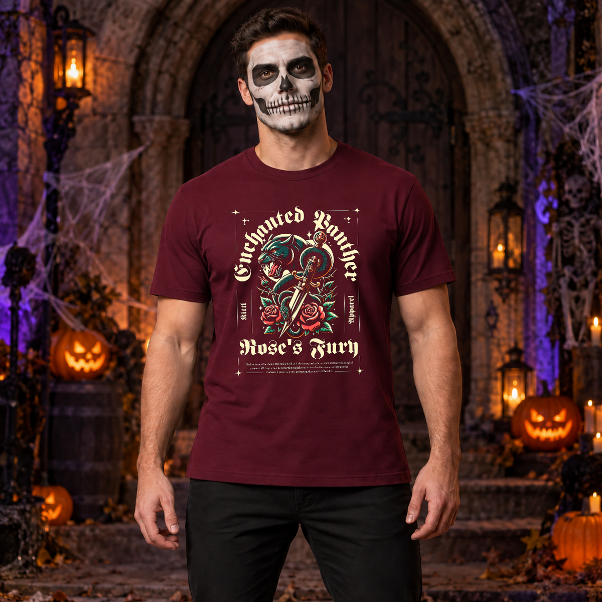 Enchanted Panther T-Shirt – Dark Editorial Graphic Design Graphic Tee - Color: maroon