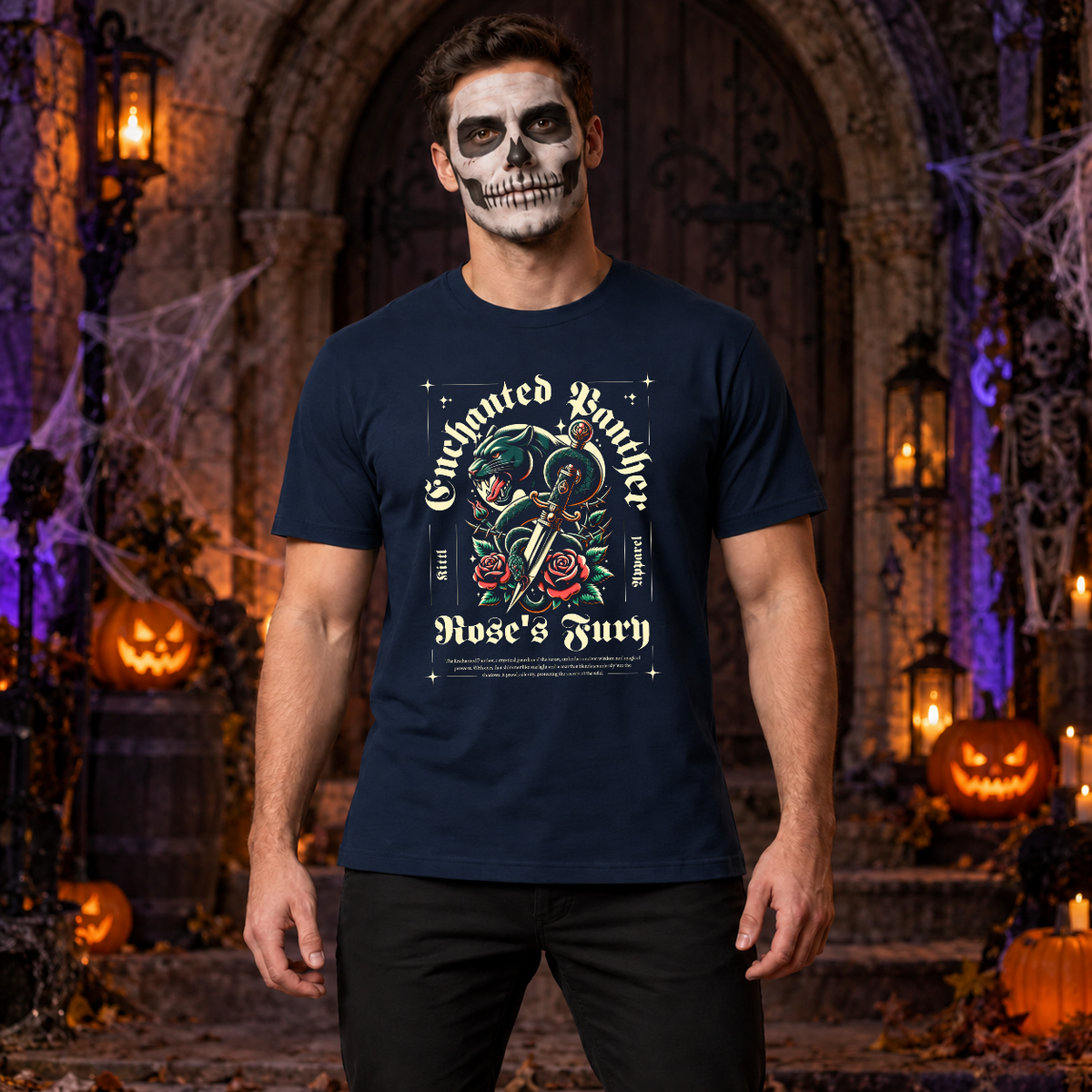 Enchanted Panther T-Shirt – Dark Editorial Graphic Design Graphic Tee - Color: navy