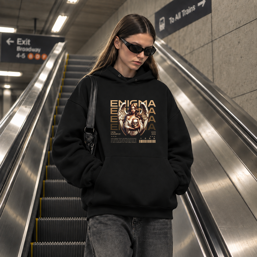 Enigma Angel Skull Hoodie – Gothic Streetwear Poster Graphic Hoodie - Color: black