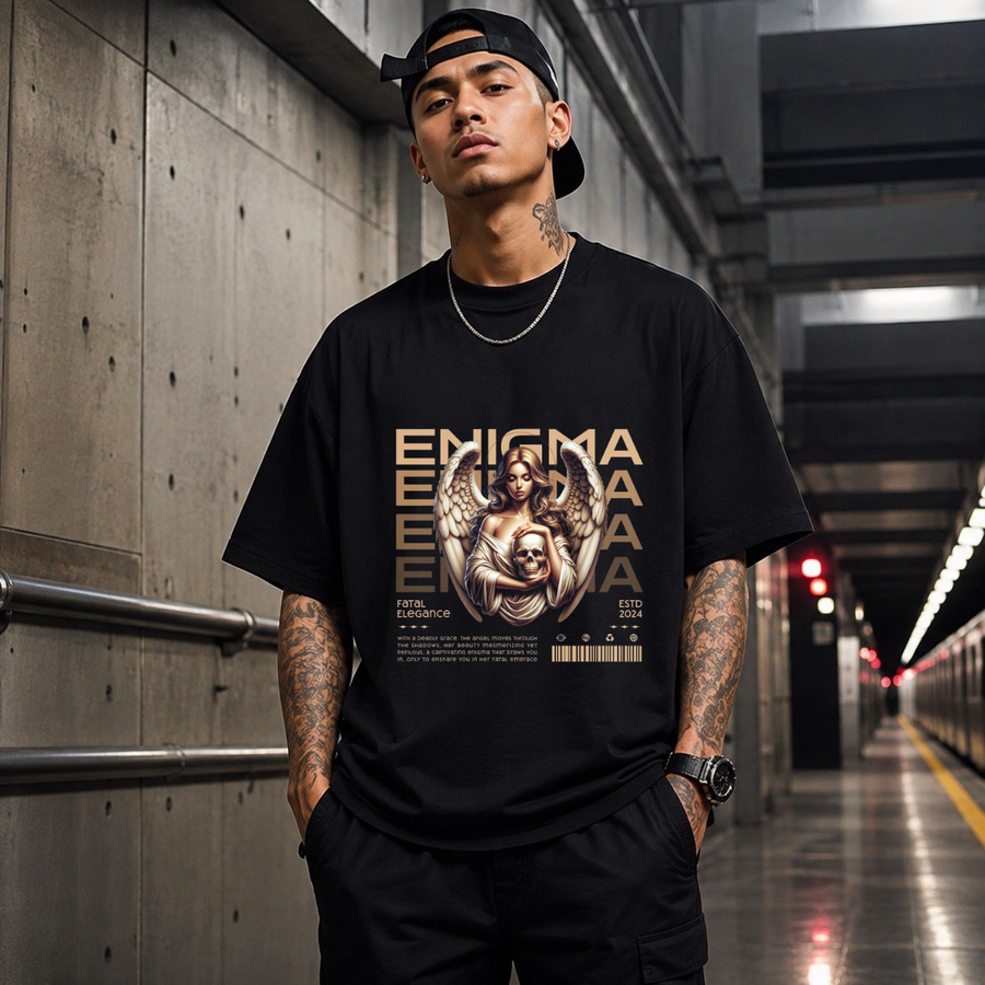 Enigma Angel Skull T-Shirt – Gothic Streetwear Poster Graphic Tee - Color: Black