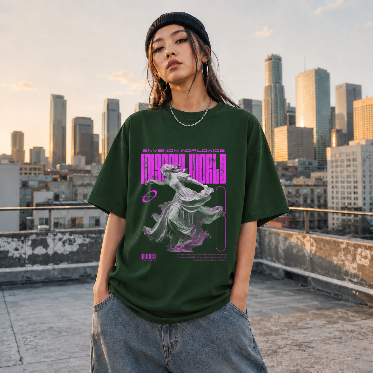 Envenom Worldwide Angel T-Shirt – Vintage Y2K / Acid Graphic Streetwear Tee - Color: Forest Green