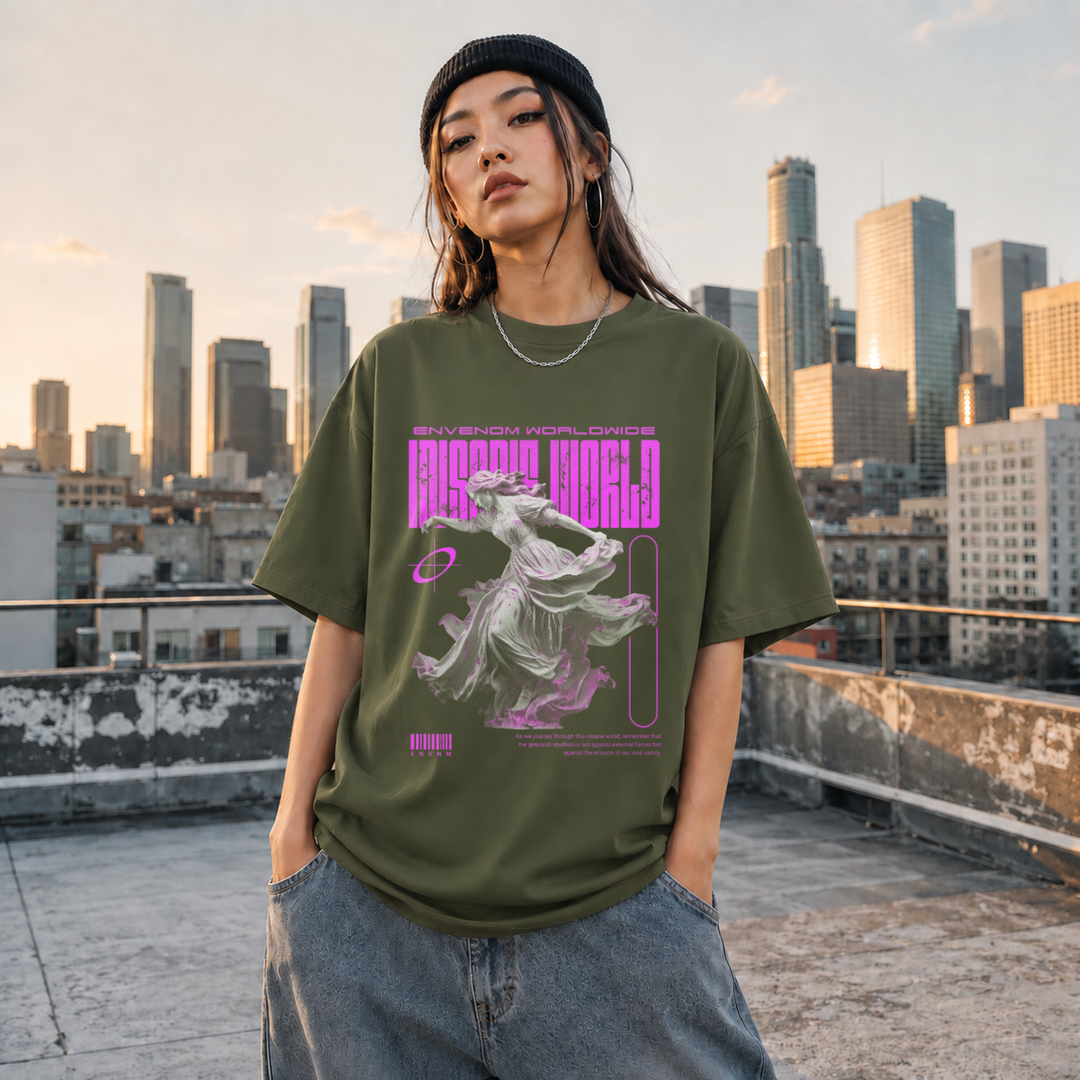 Envenom Worldwide Angel T-Shirt – Vintage Y2K / Acid Graphic Streetwear Tee - Color: Millitary Green