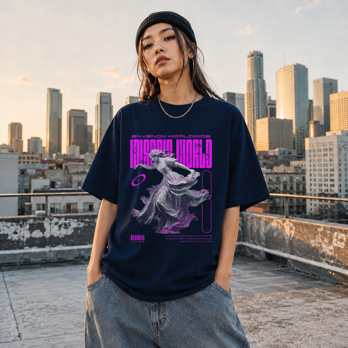 Envenom Worldwide Angel T-Shirt – Vintage Y2K / Acid Graphic Streetwear Tee - Color: Navy