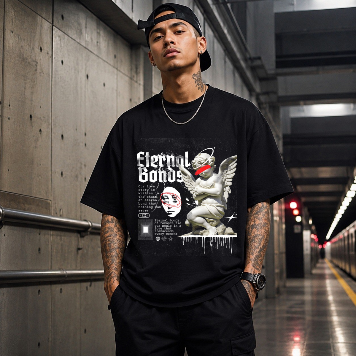 Eternal Bonds Angel Statue T-Shirt – Religious Imagery Collage Graphic Tee - Color: Black