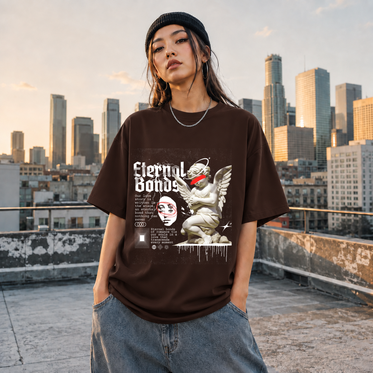 Eternal Bonds Angel Statue T-Shirt – Religious Imagery Collage Graphic Tee - Color: Dark Chocolate