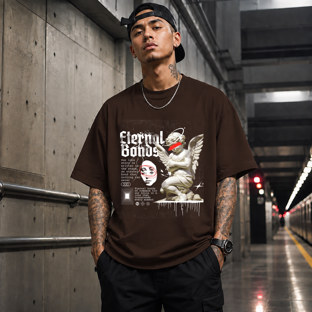 Eternal Bonds Angel Statue T-Shirt – Religious Imagery Collage Graphic Tee - Color: Dark Chocolate