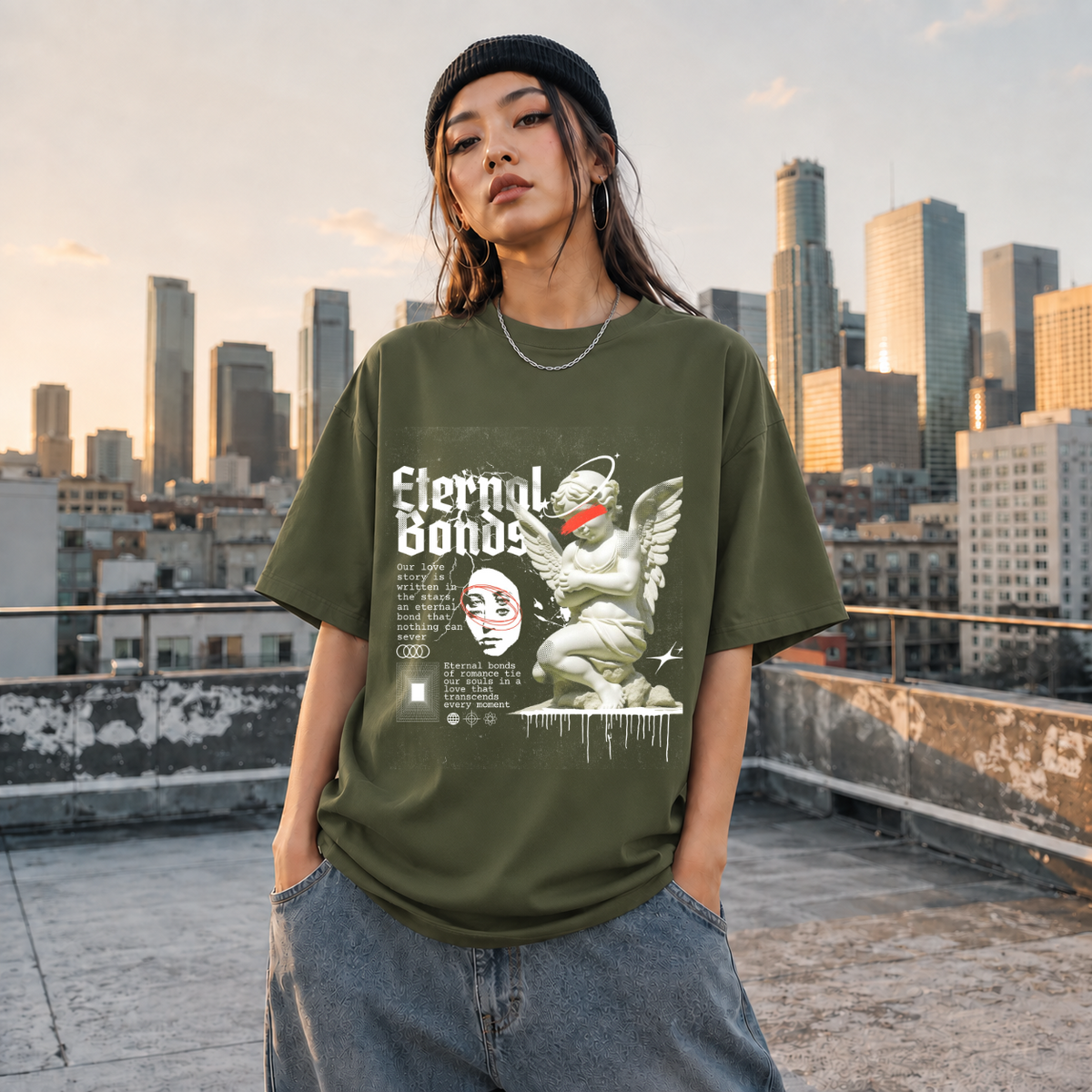 Eternal Bonds Angel Statue T-Shirt – Religious Imagery Collage Graphic Tee - Color: Millitary Green