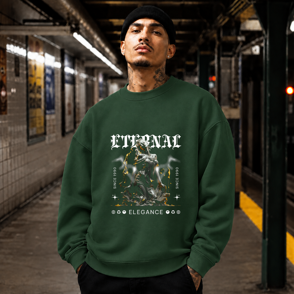 Eternal Elegance Statue Sweatshirt – Dark Art / Renaissance Aesthetic Graphic Sweatshirt - Color: forest green