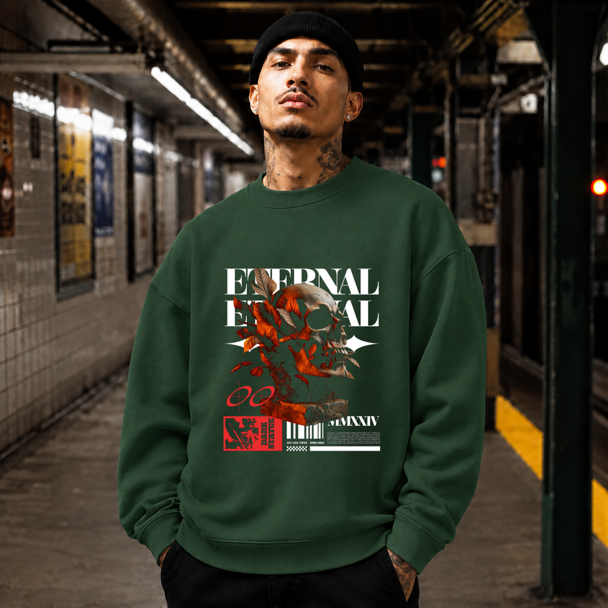 Eternal Skull Sweatshirt – Gothic Streetwear Poster Graphic Sweatshirt - Color: forest green