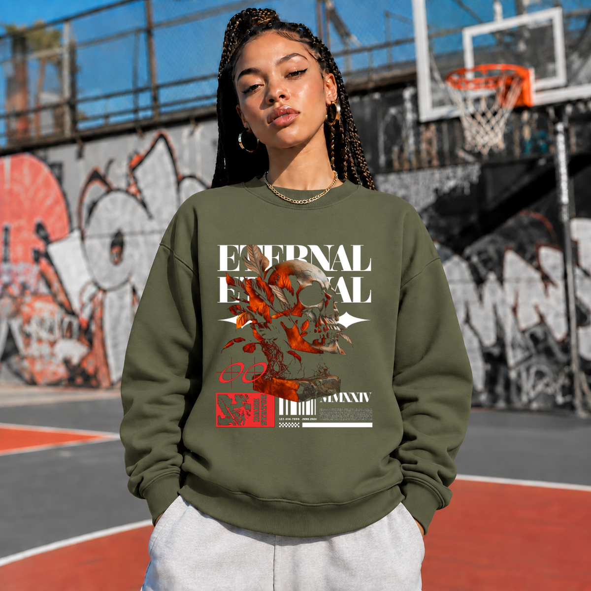 Eternal Skull Sweatshirt – Gothic Streetwear Poster Graphic Sweatshirt - Color: military green