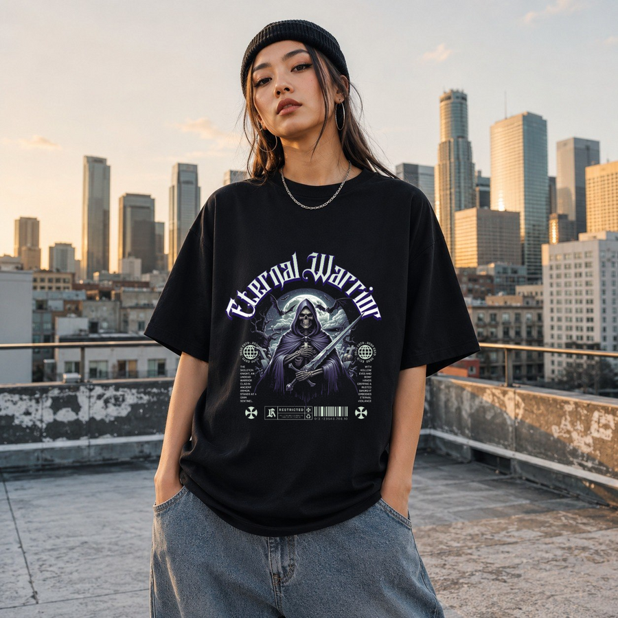 Eternal Warrior Reaper T-Shirt – Gothic Streetwear Poster Graphic Tee - Color: Black