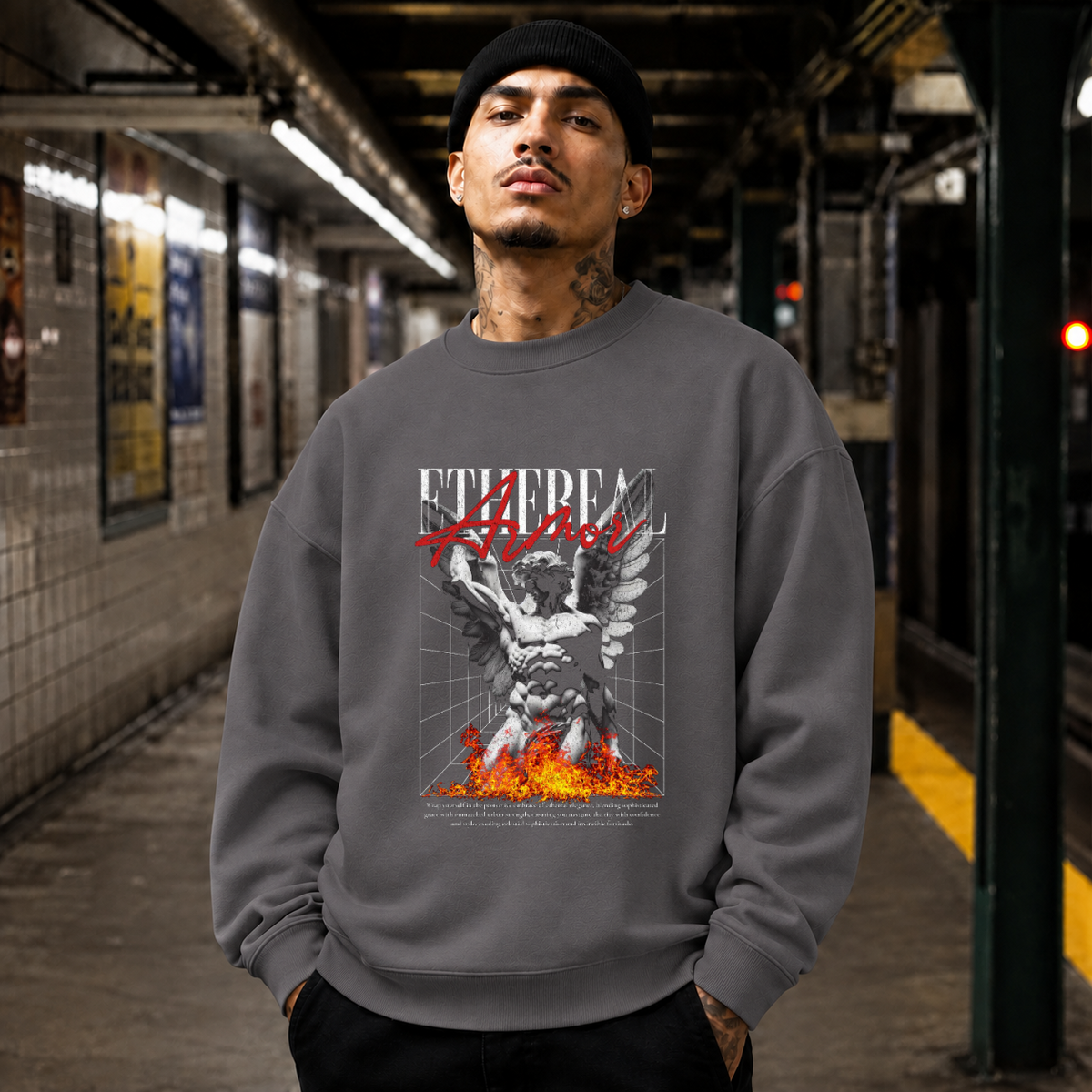 Ethereal Armor Statue Flame Sweatshirt – Dark Art / Renaissance Aesthetic Graphic Sweatshirt - Color: charcoal