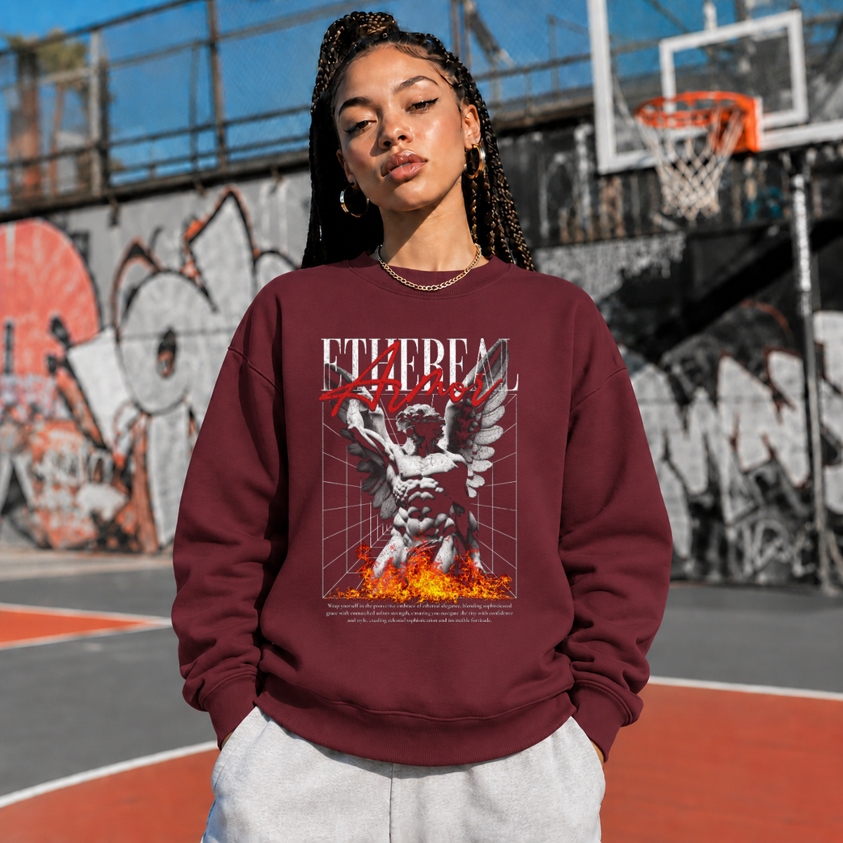 Ethereal Armor Statue Flame Sweatshirt – Dark Art / Renaissance Aesthetic Graphic Sweatshirt - Color: maroon