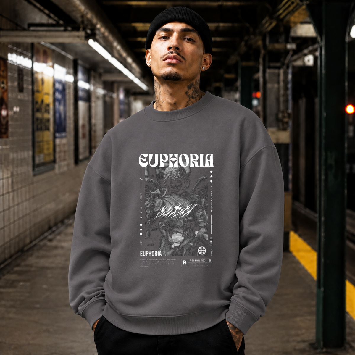Euphoria Statue Sweatshirt – Dark Editorial Graphic Design Sweatshirt - Color: charcoal