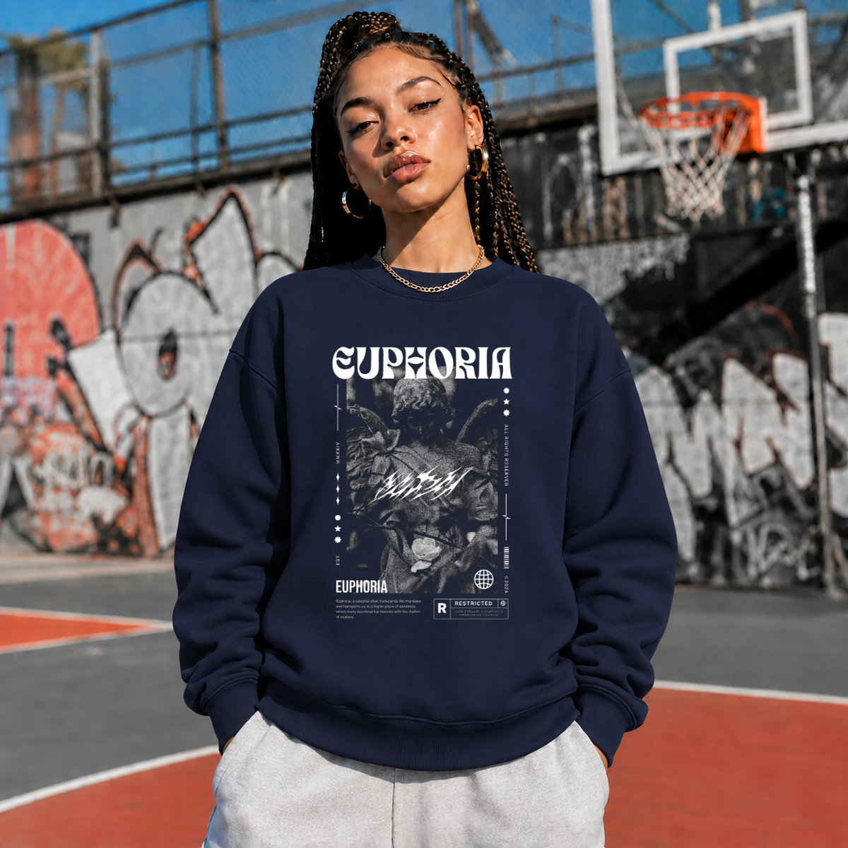 Euphoria Statue Sweatshirt – Dark Editorial Graphic Design Sweatshirt - Color: navy
