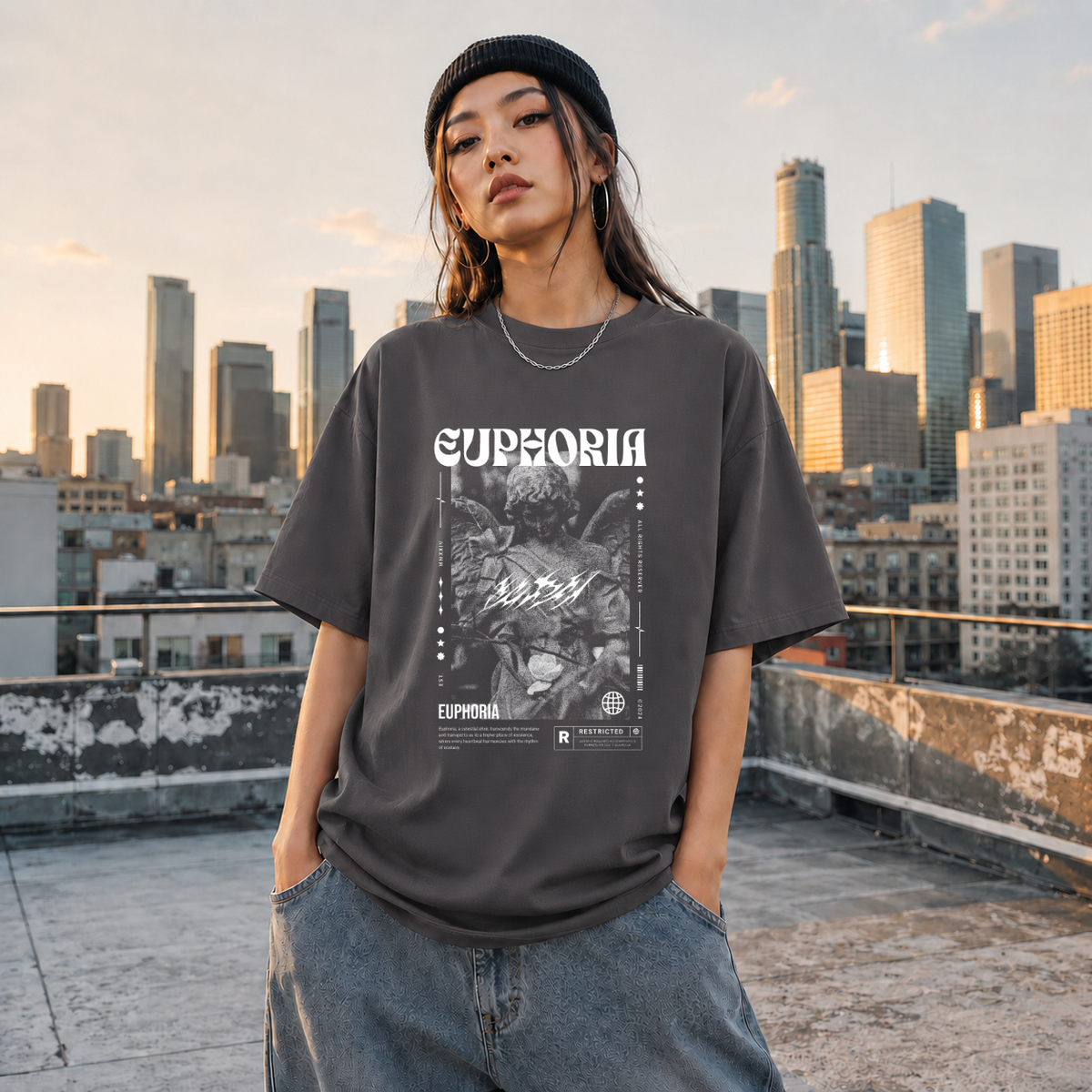 Euphoria Statue T-Shirt – Dark Editorial Graphic Design Tee - Color: Charcoal