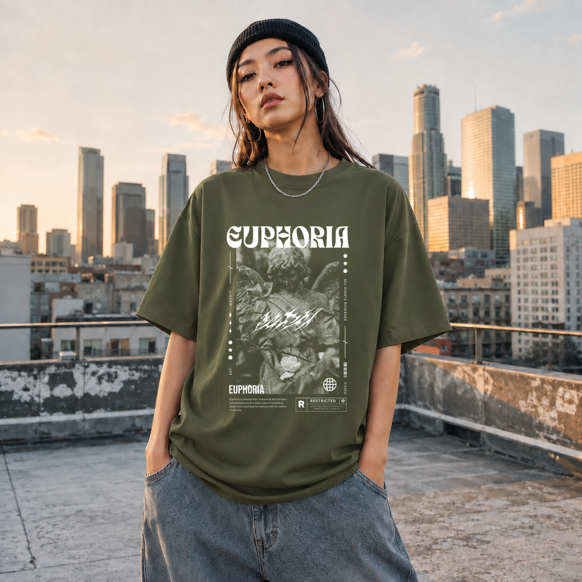 Euphoria Statue T-Shirt – Dark Editorial Graphic Design Tee - Color: Millitary Green