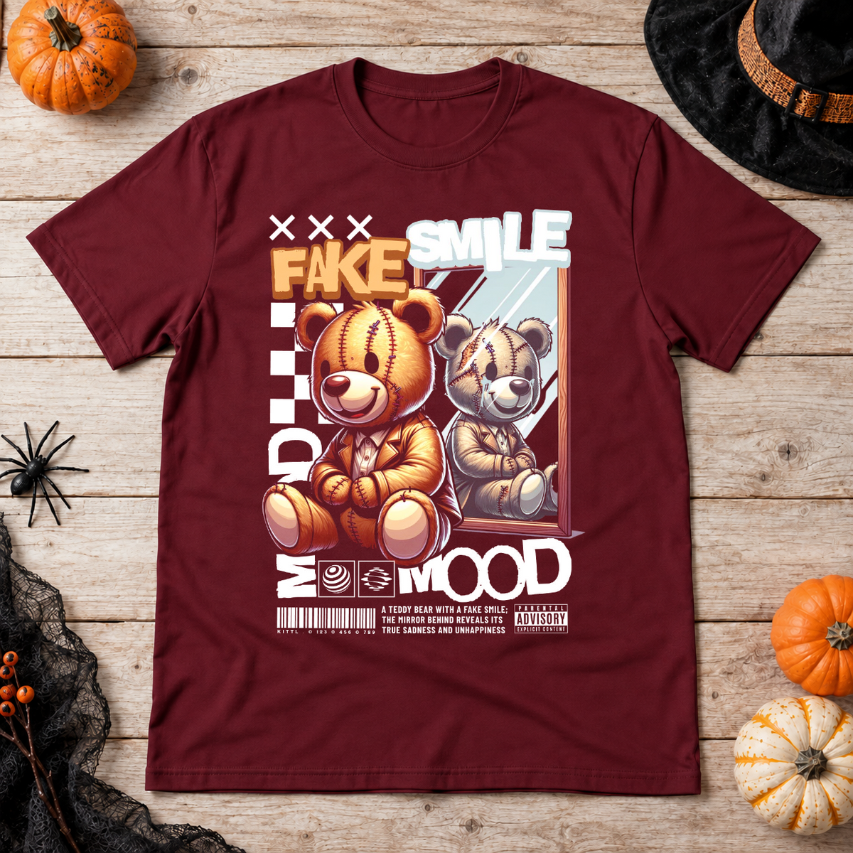 Fake Smile T-Shirt – Dark Editorial Graphic Design Graphic Tee - Color: maroon