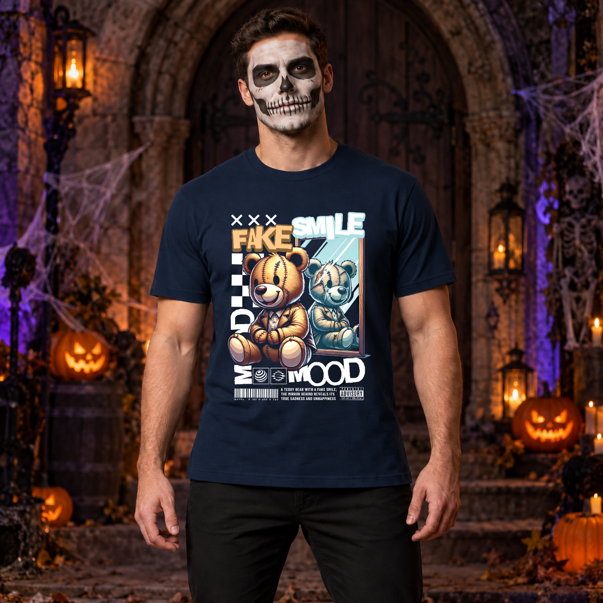 Fake Smile T-Shirt – Dark Editorial Graphic Design Graphic Tee - Color: navy