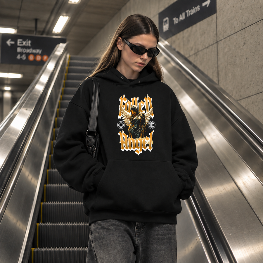 Fallen Angel Blackletter Hoodie – Gothic Streetwear Poster Graphic Hoodie - Color: black