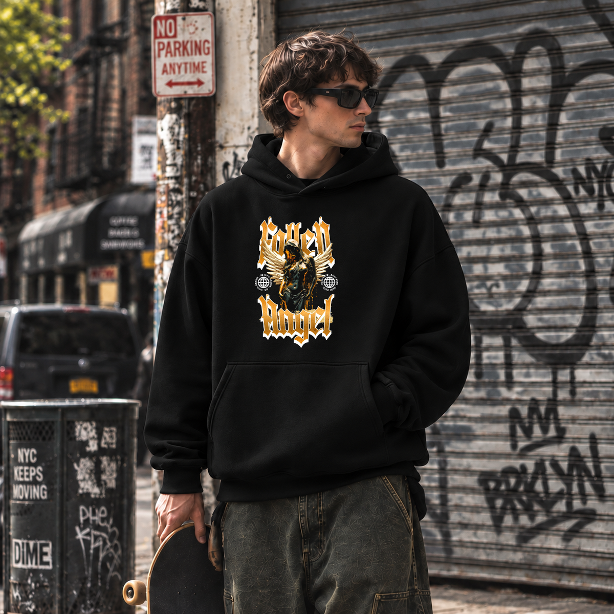 Fallen Angel Blackletter Hoodie – Gothic Streetwear Poster Graphic Hoodie - Color: black