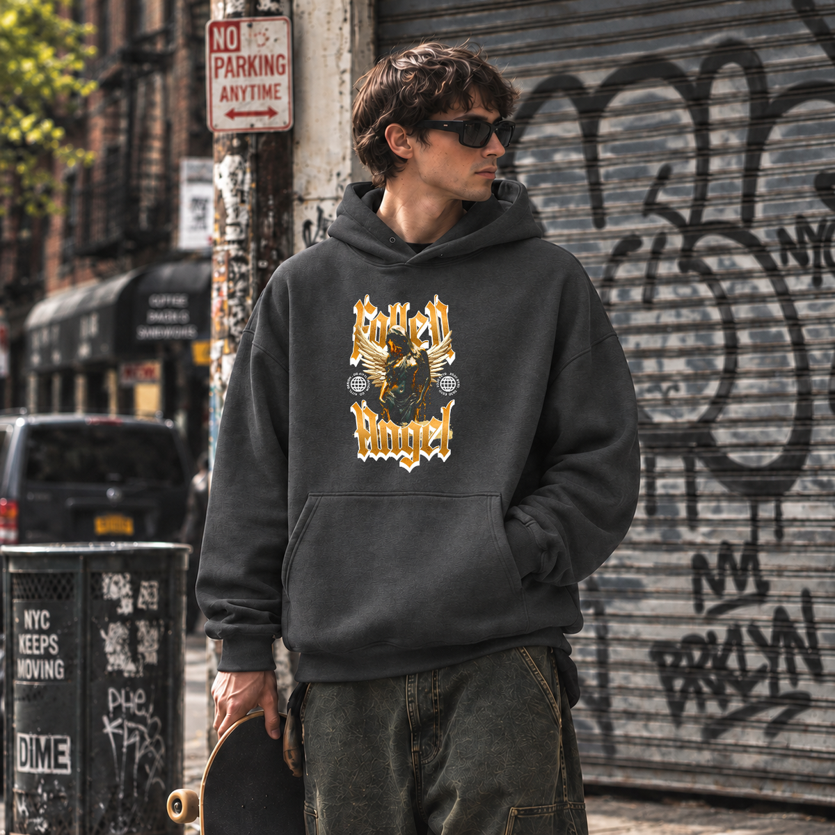 Fallen Angel Blackletter Hoodie – Gothic Streetwear Poster Graphic Hoodie - Color: dark heather