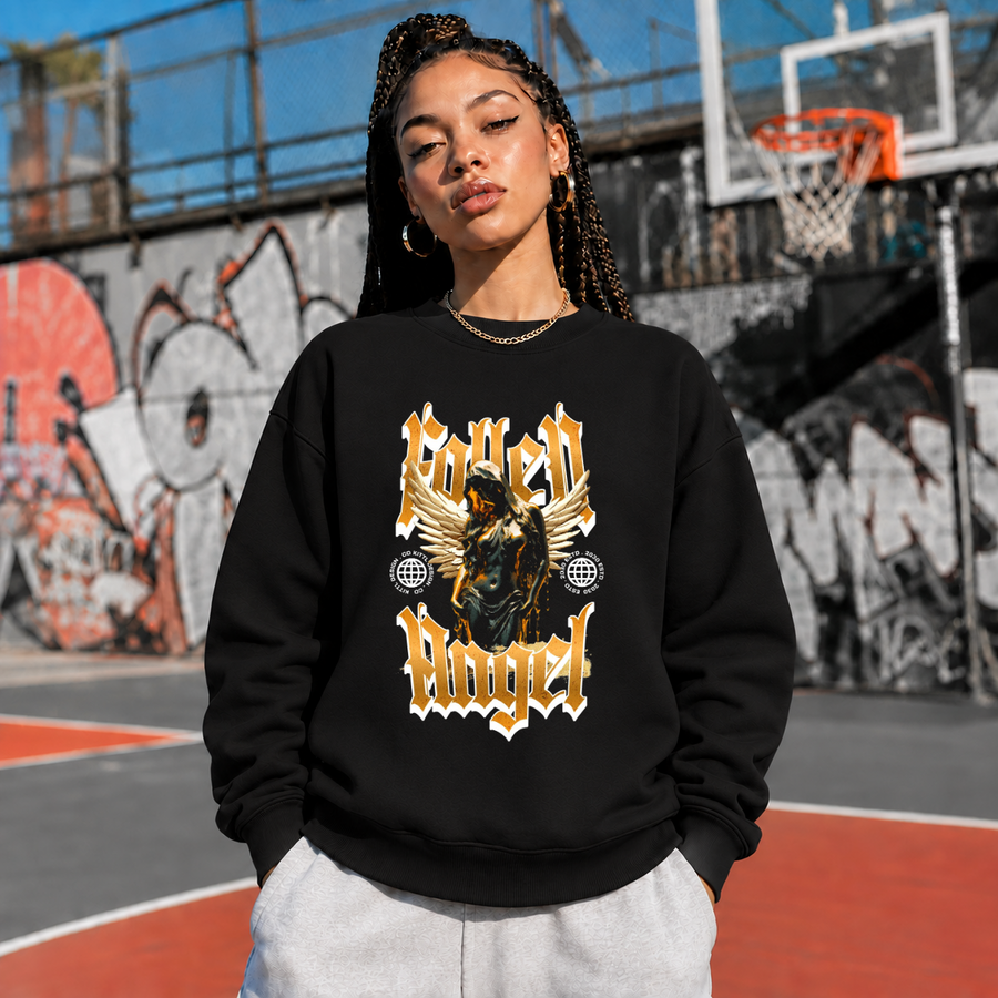 Fallen Angel Blackletter Sweatshirt – Gothic Streetwear Poster Graphic Sweatshirt - Color: black