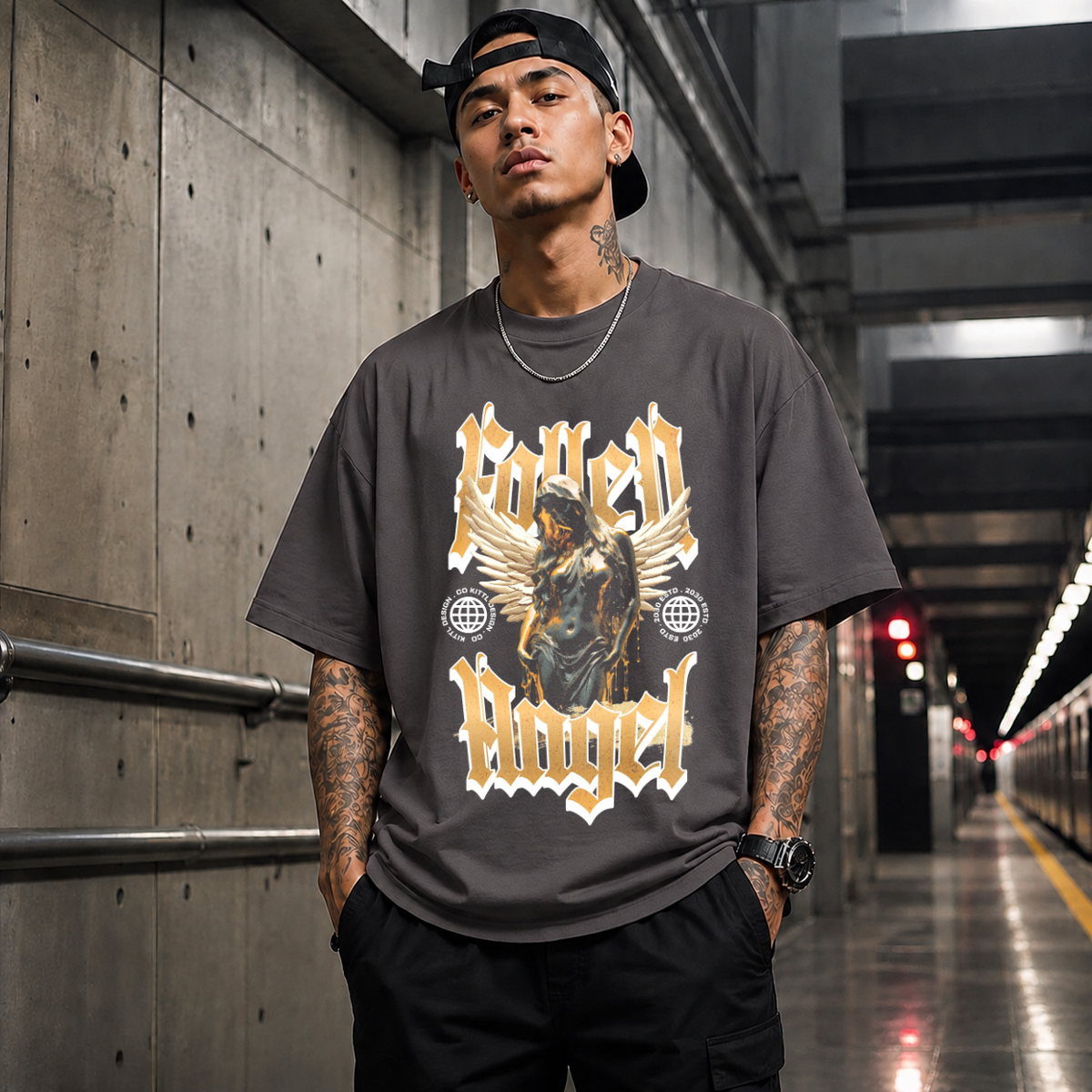 Fallen Angel Blackletter T-Shirt – Gothic Streetwear Poster Graphic Tee - Color: Charcoal