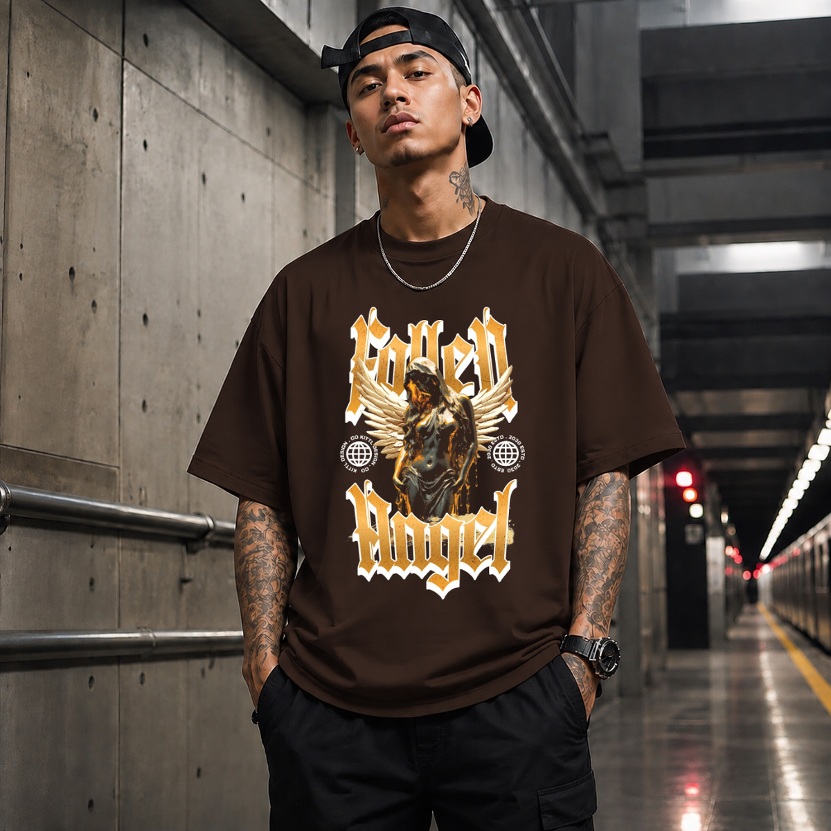 Fallen Angel Blackletter T-Shirt – Gothic Streetwear Poster Graphic Tee - Color: Dark Chocolate