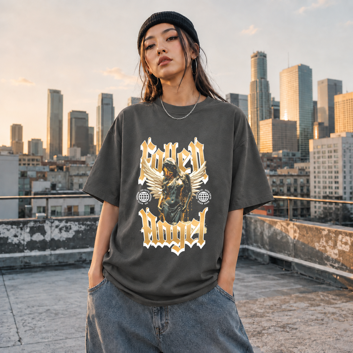 Fallen Angel Blackletter T-Shirt – Gothic Streetwear Poster Graphic Tee - Color: Dark Heather