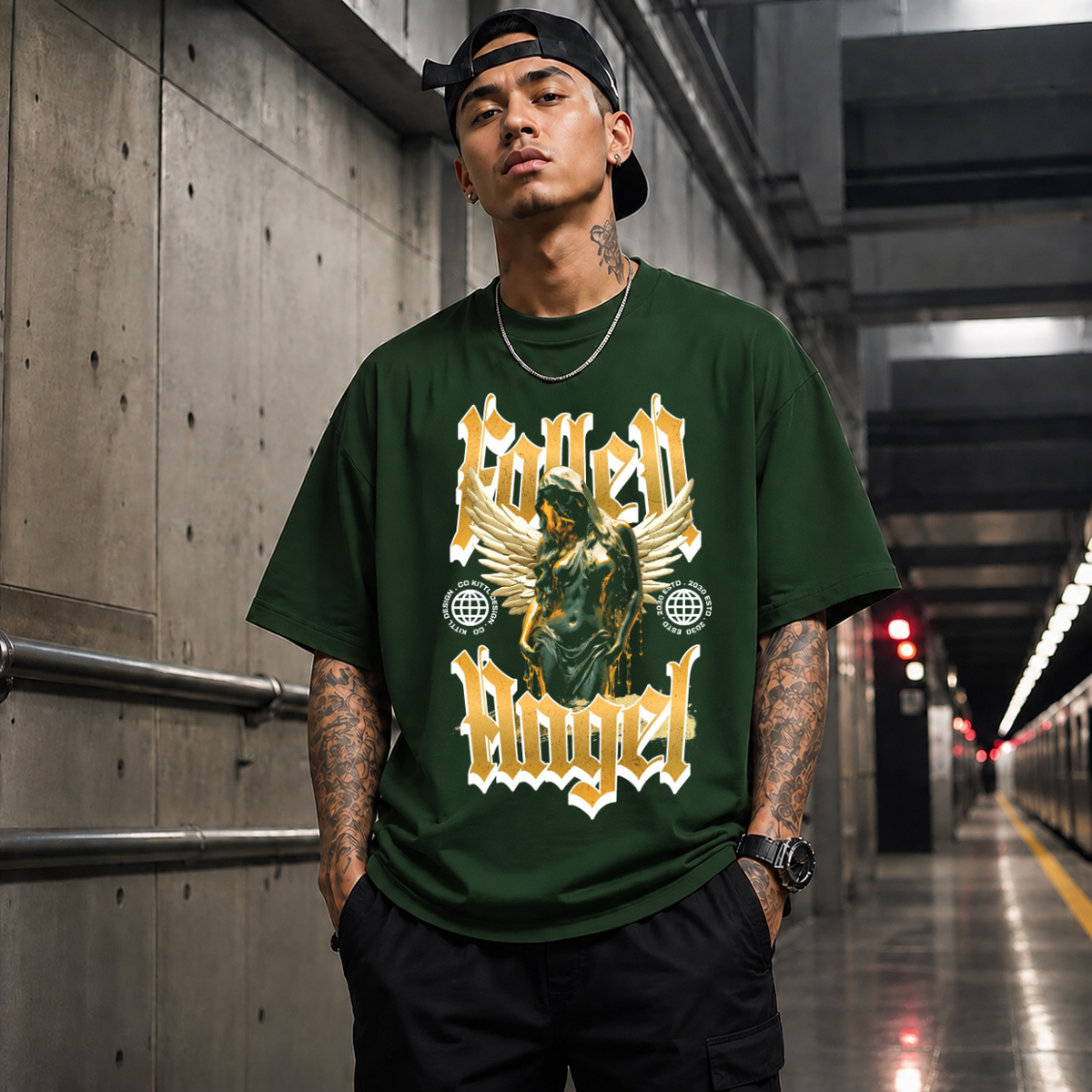 Fallen Angel Blackletter T-Shirt – Gothic Streetwear Poster Graphic Tee - Color: Forest Green