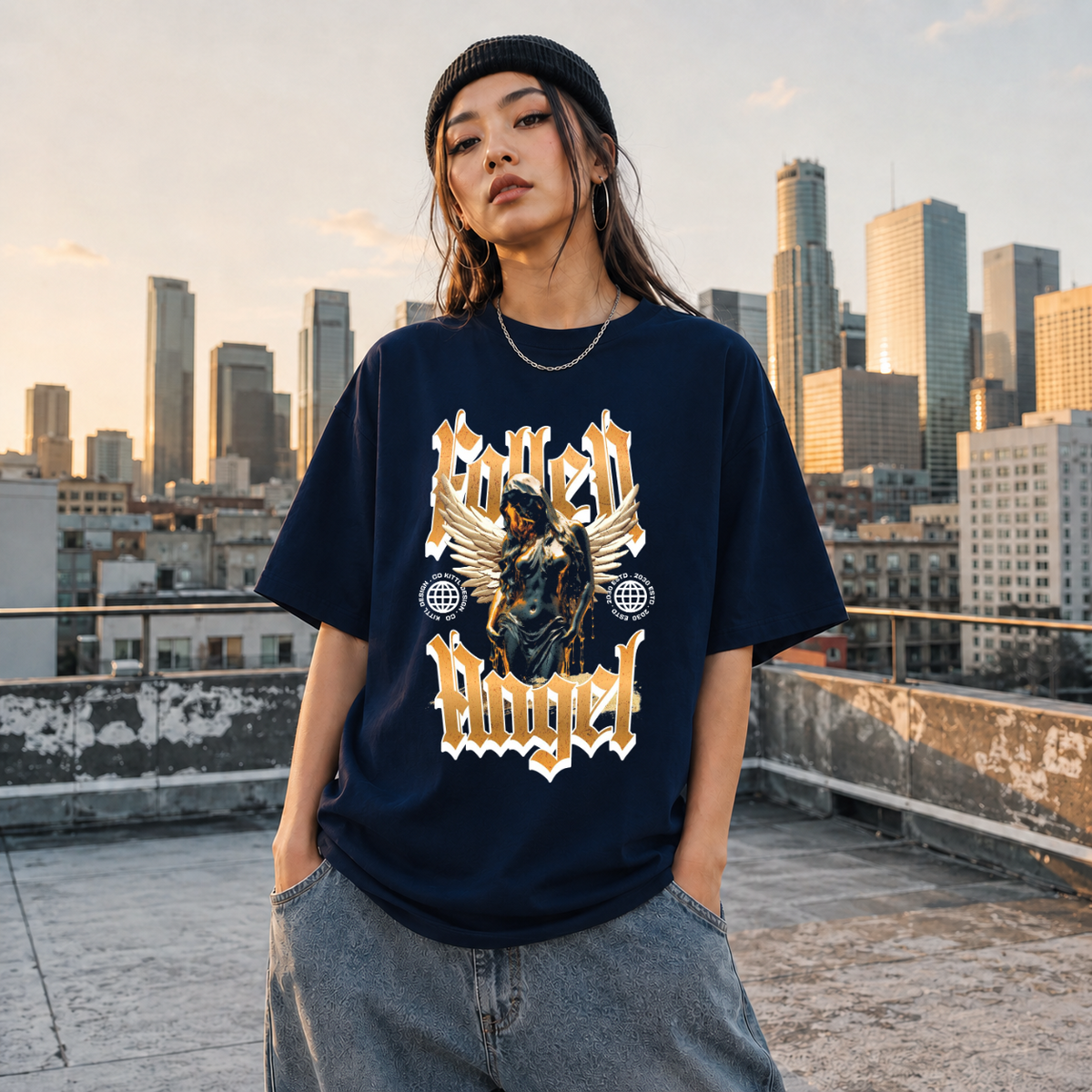 Fallen Angel Blackletter T-Shirt – Gothic Streetwear Poster Graphic Tee - Color: Navy