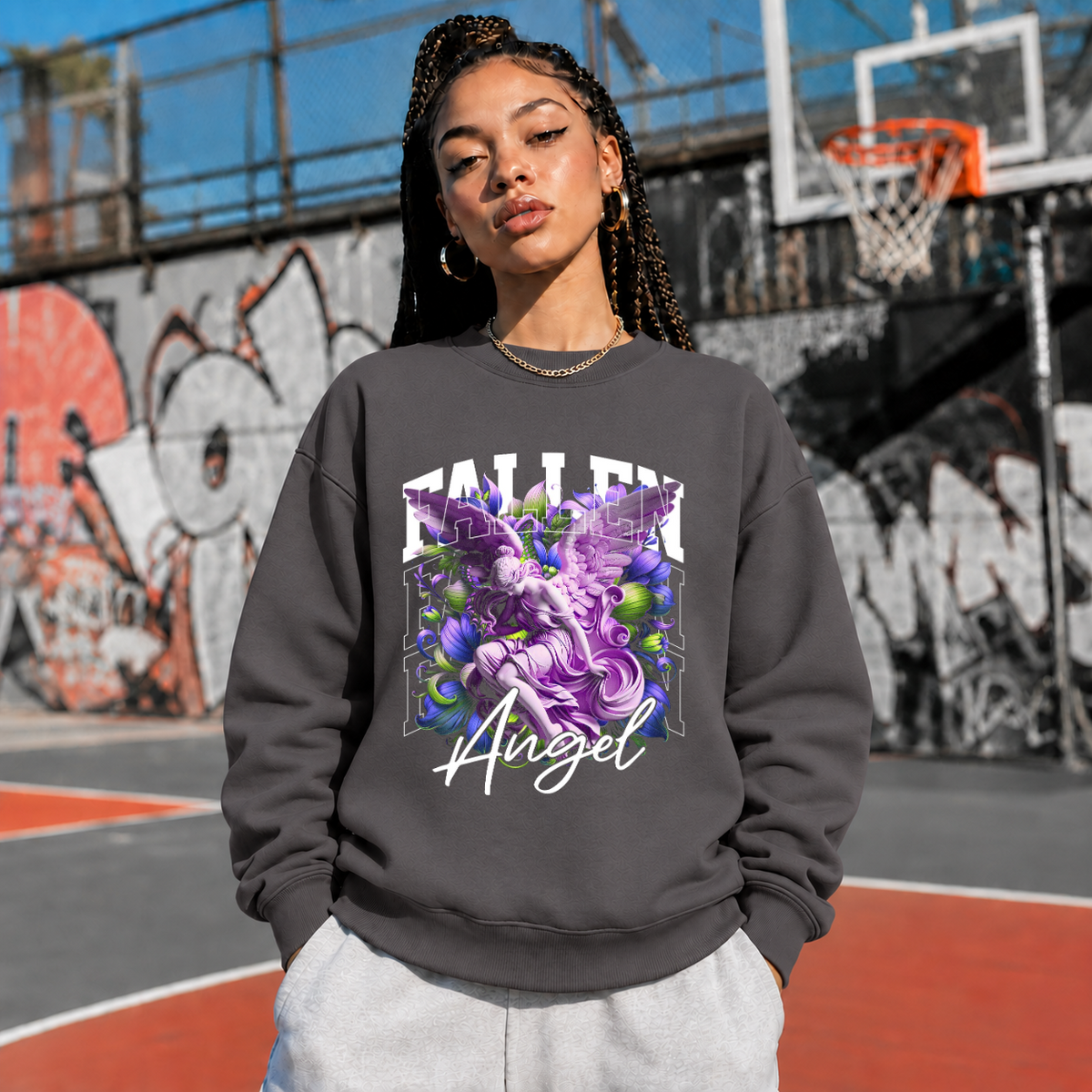Fallen Angel Floral Sweatshirt – Religious Imagery Collage Graphic Sweatshirt - Color: charcoal