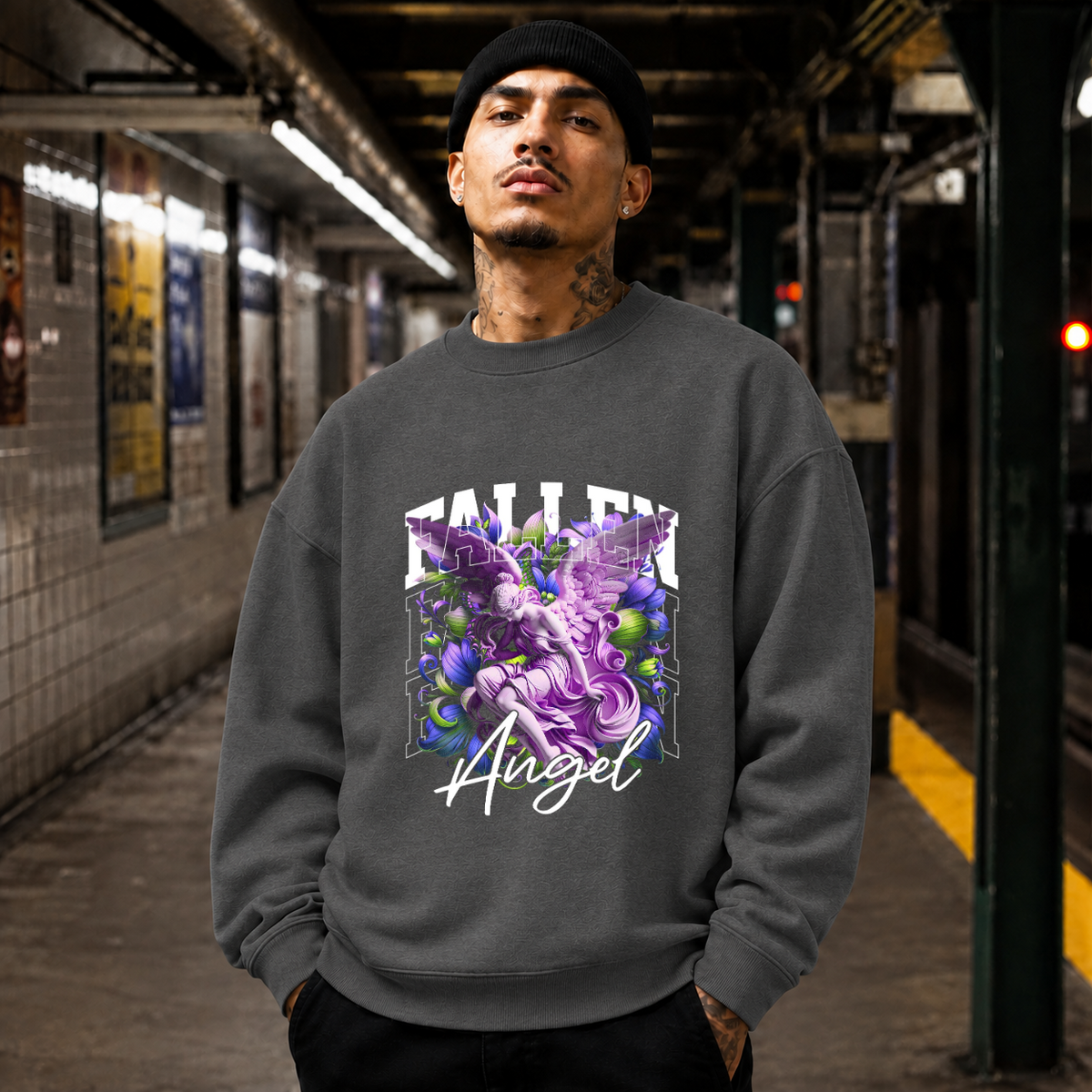Fallen Angel Floral Sweatshirt – Religious Imagery Collage Graphic Sweatshirt - Color: dark heather
