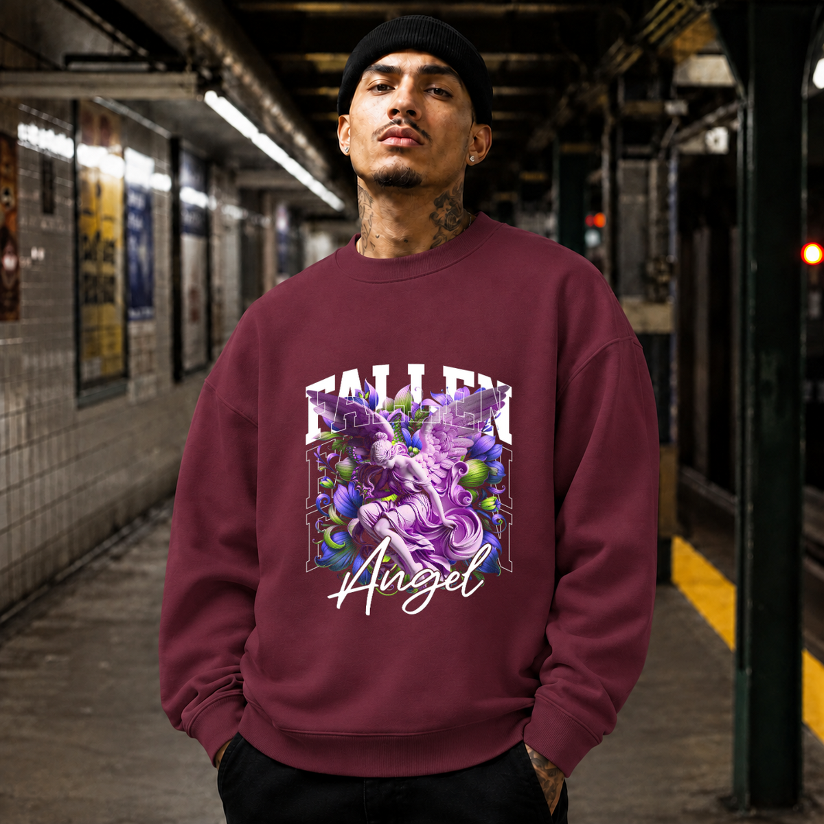 Fallen Angel Floral Sweatshirt – Religious Imagery Collage Graphic Sweatshirt - Color: maroon