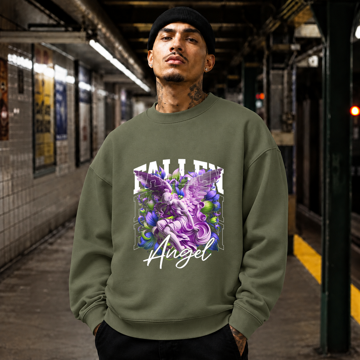 Fallen Angel Floral Sweatshirt – Religious Imagery Collage Graphic Sweatshirt - Color: military green