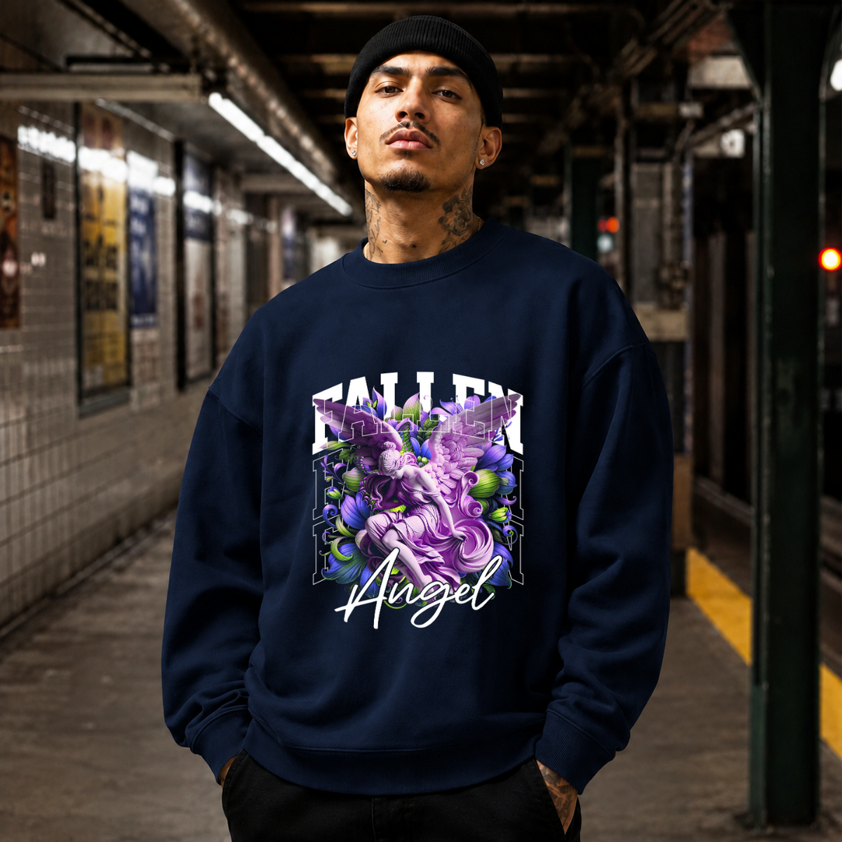 Fallen Angel Floral Sweatshirt – Religious Imagery Collage Graphic Sweatshirt - Color: navy
