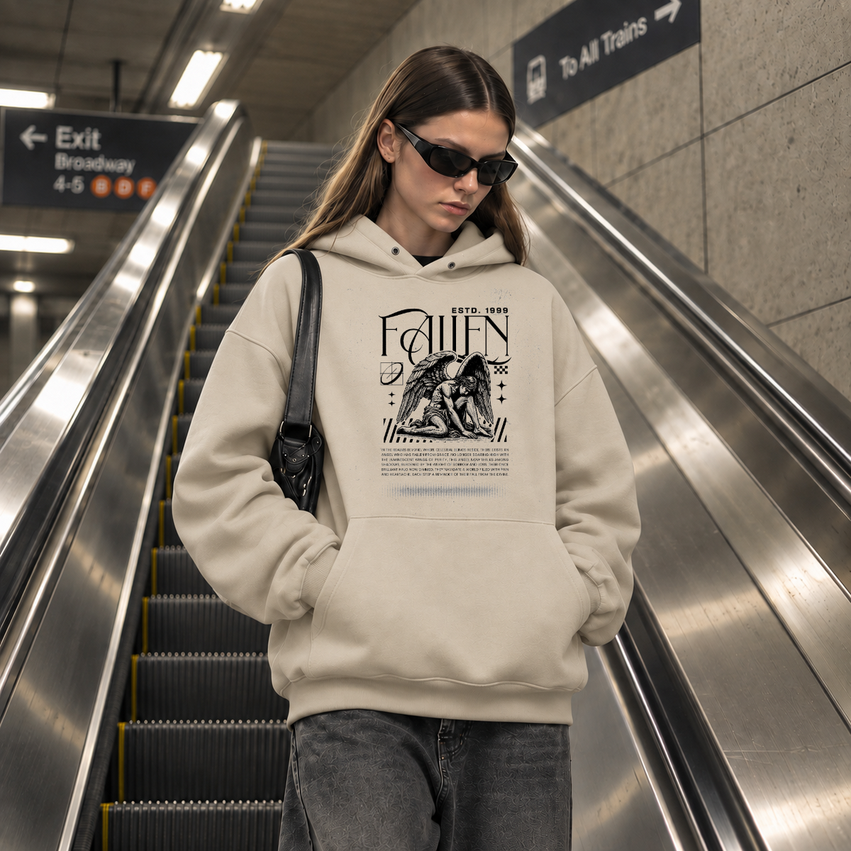 Fallen Angel Kneeling Statue Hoodie – Dark Editorial / Gothic Streetwear Hoodie - Color: sand